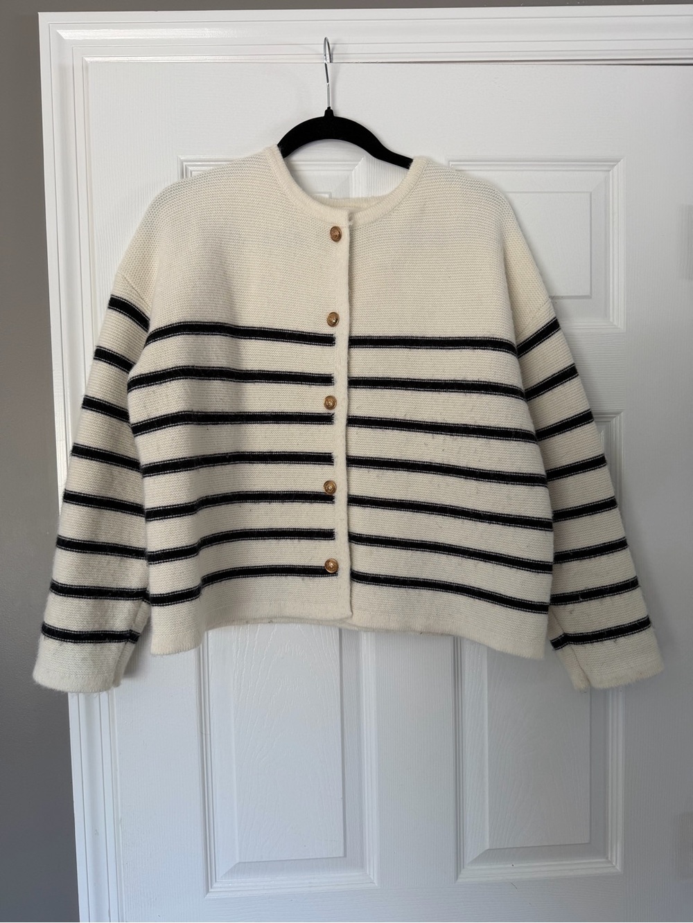 Cream Striped Button-Front Women's Sweater Cardigan size M